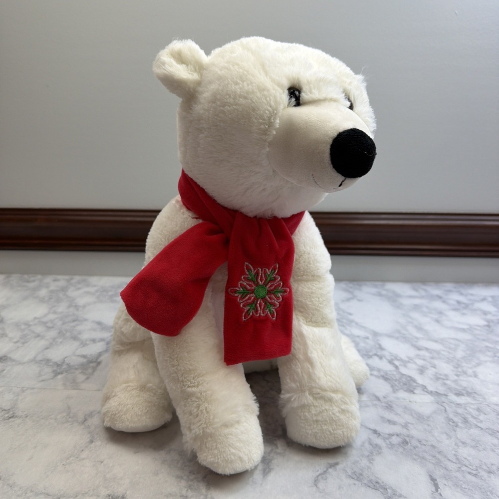 Toys R Us Christmas Polar Bear Plush Red Scarf Sitting Stuffed Animal Soft Toy